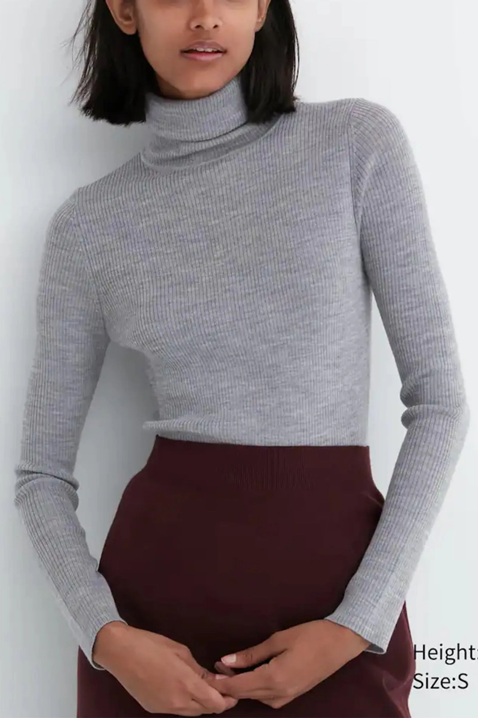 100% Extra Fine Merino Ribbed Turtleneck Jumper In Gray