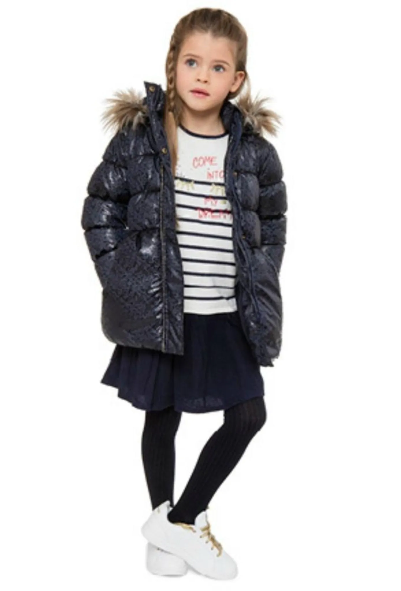 3Pommes Girls Meteor Blue Faux Fur Hooded Winter Coat