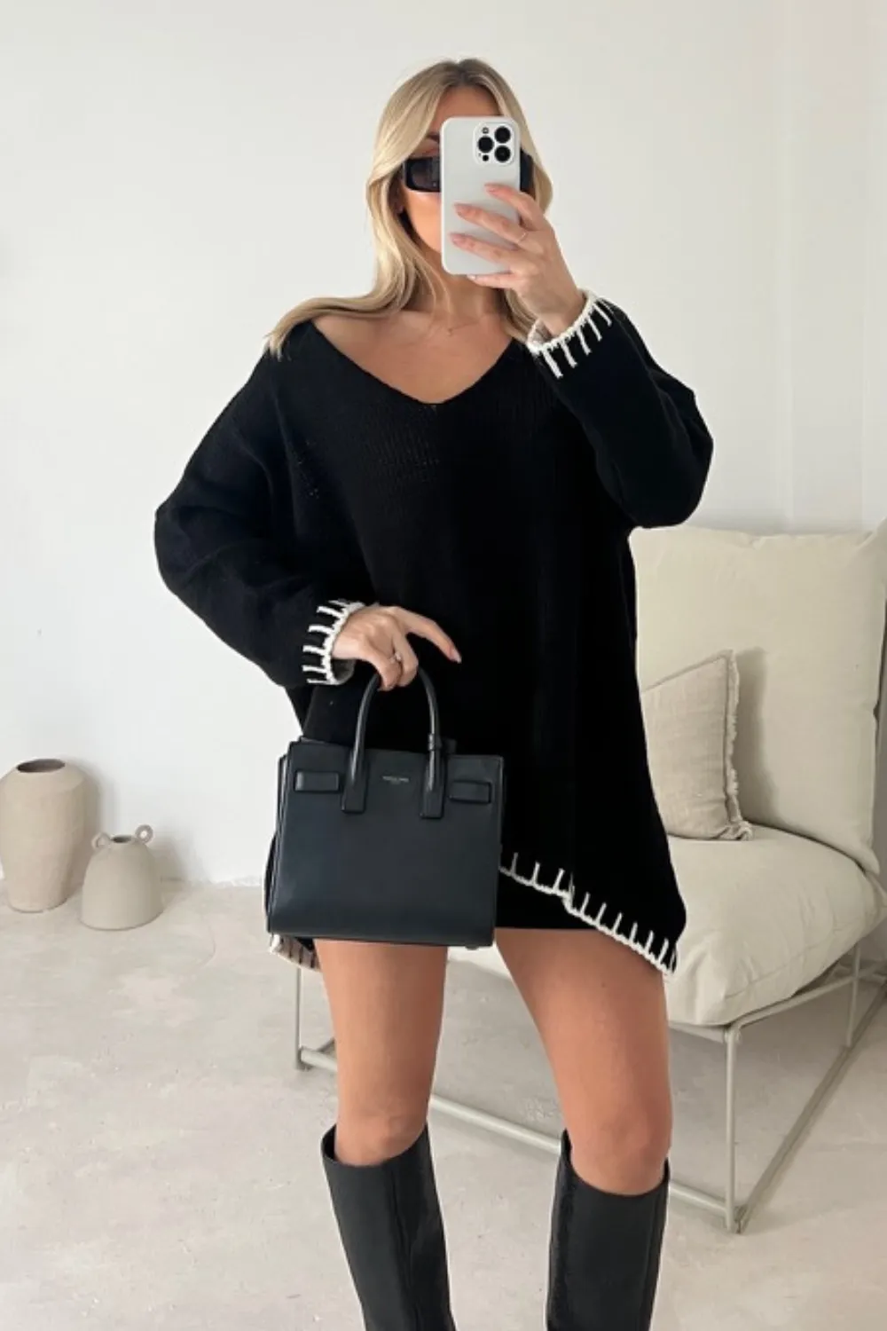 Alina black contrast trim knit jumper