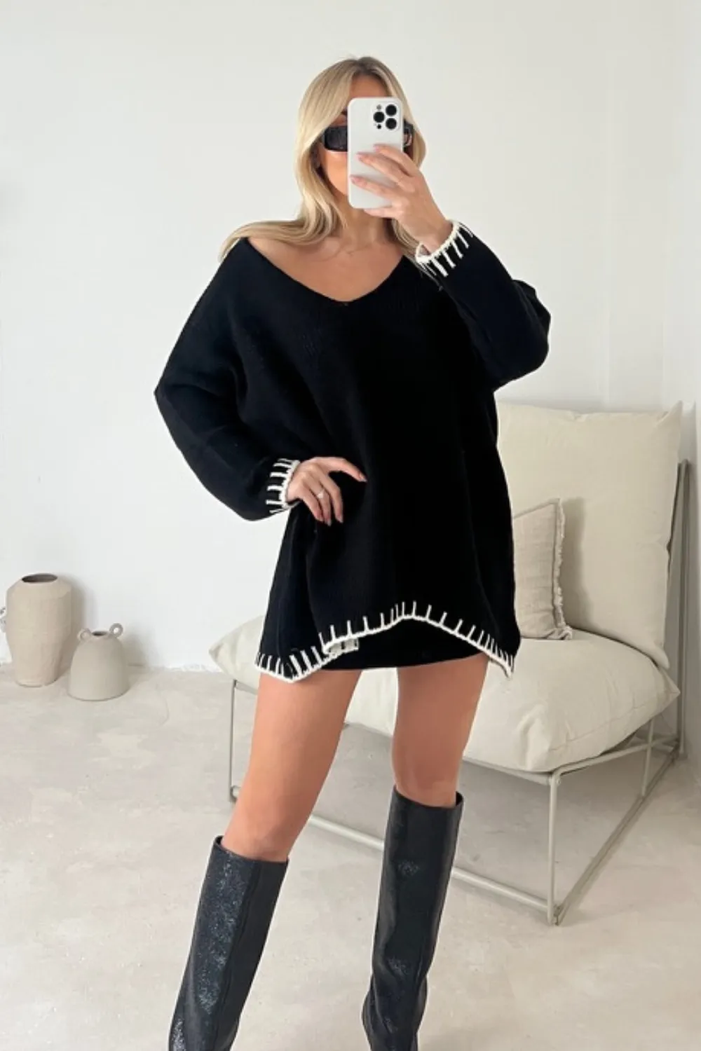 Alina black contrast trim knit jumper