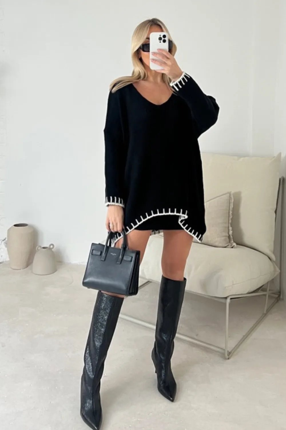 Alina black contrast trim knit jumper