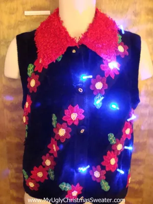 Amazing Poinsettias Light Up Ugly Xmas Sweater Vest with Furry Collar