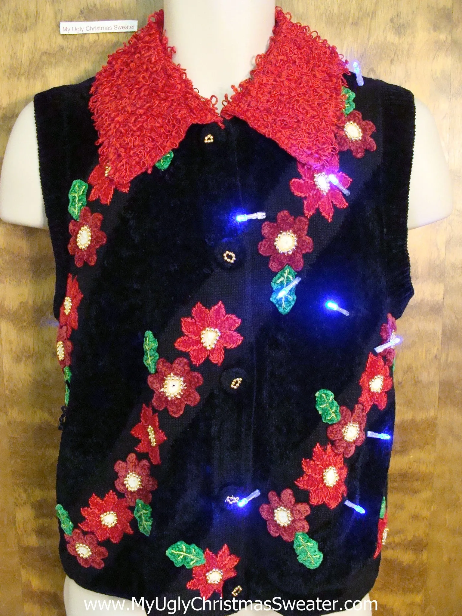 Amazing Poinsettias Light Up Ugly Xmas Sweater Vest with Furry Collar