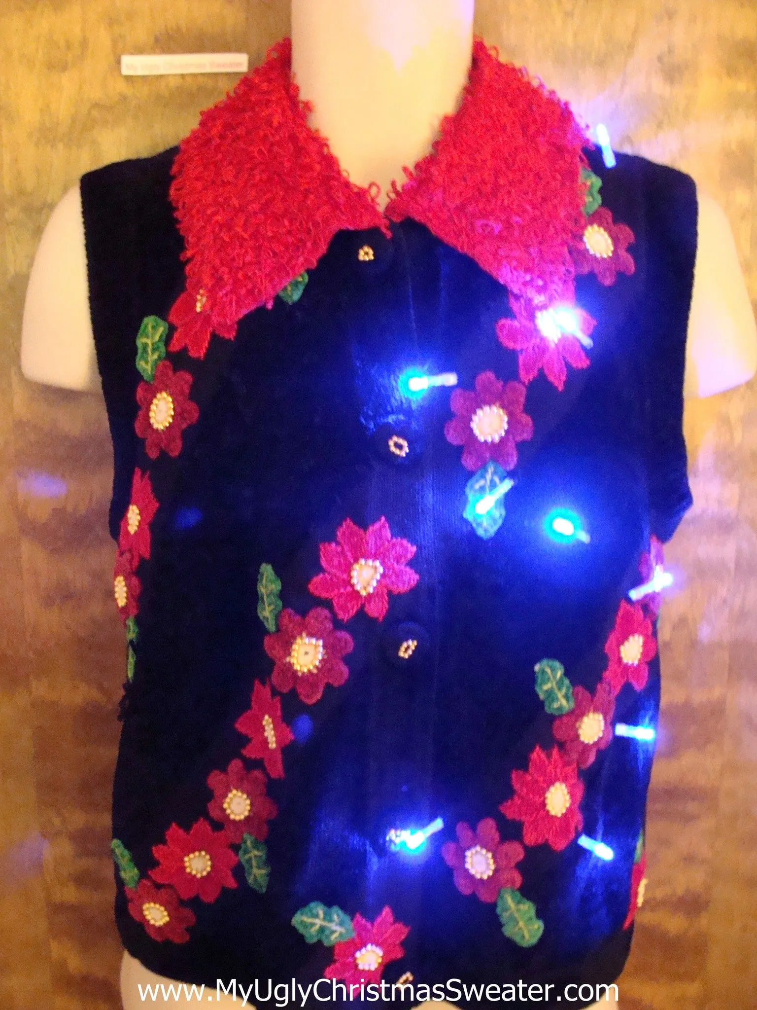 Amazing Poinsettias Light Up Ugly Xmas Sweater Vest with Furry Collar