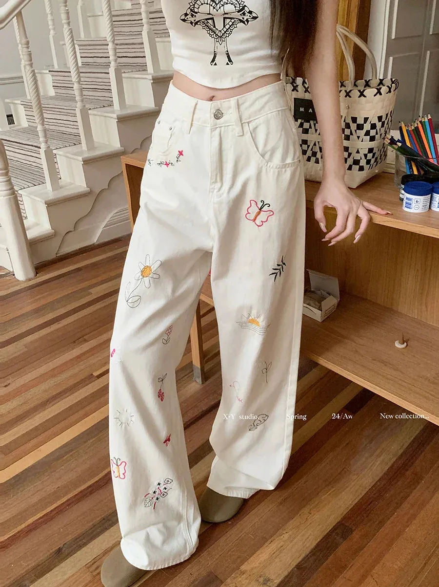 American Industry Wide-leg Heavy Denim Embroidered High-waisted Y2k Streetwear Baggy Retro Pants