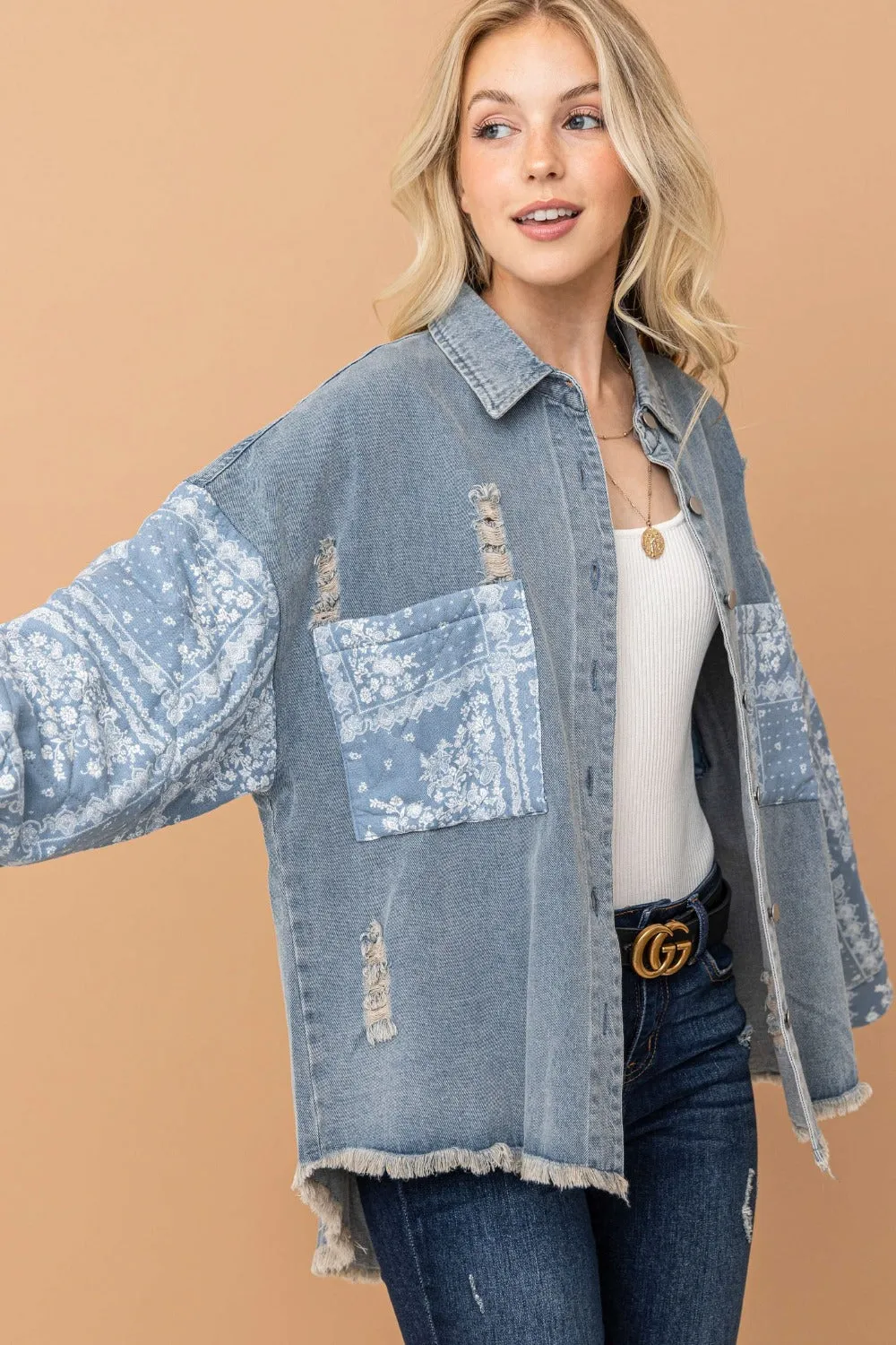 And The Why Full Size Paisley Print Quilted Sleeves Denim Jacket