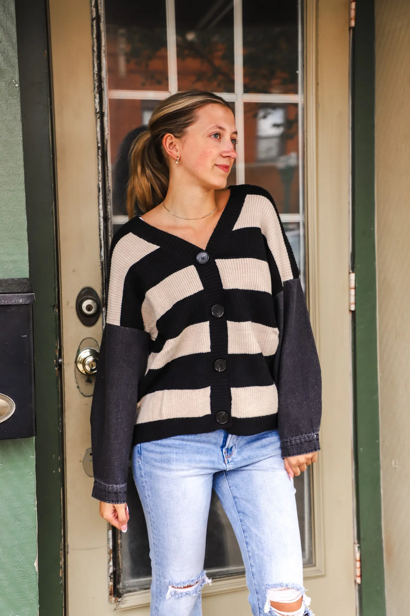 Asher Denim Sleeve Stripe Sweater Cardigan