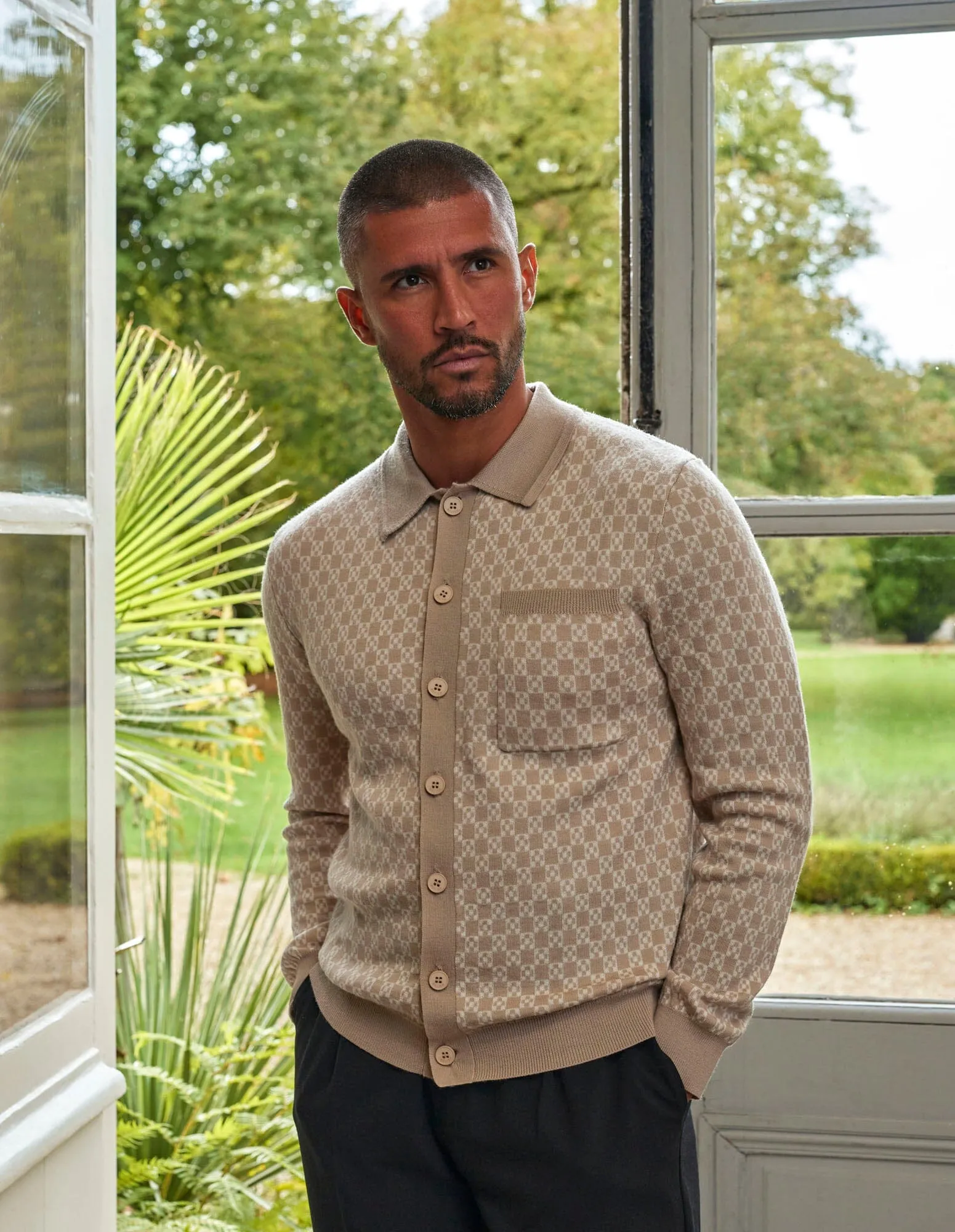 Beige Block Print Cardigan