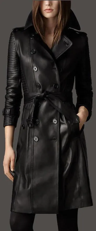 Black Double-Breasted Faux-Leather Trench Coat