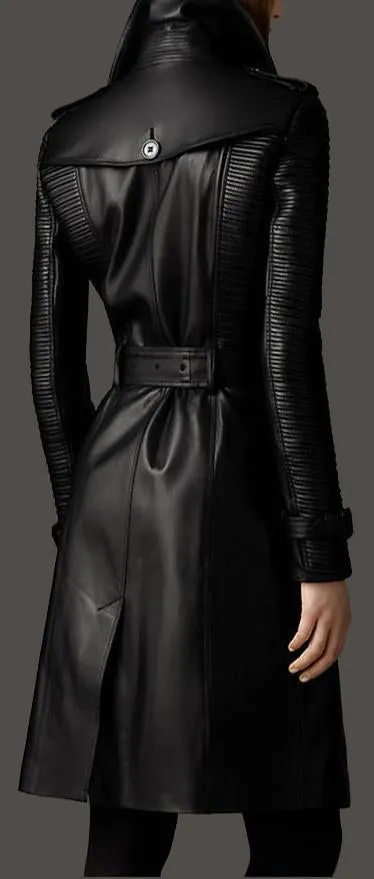 Black Double-Breasted Faux-Leather Trench Coat