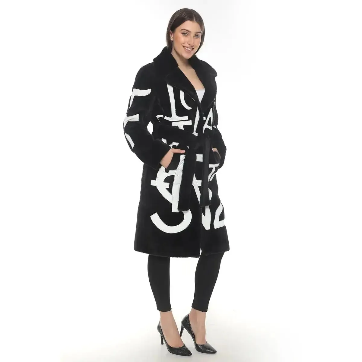 Black Lama Wool Knee-Length Coat with Mink Fur Collar & Letter Design