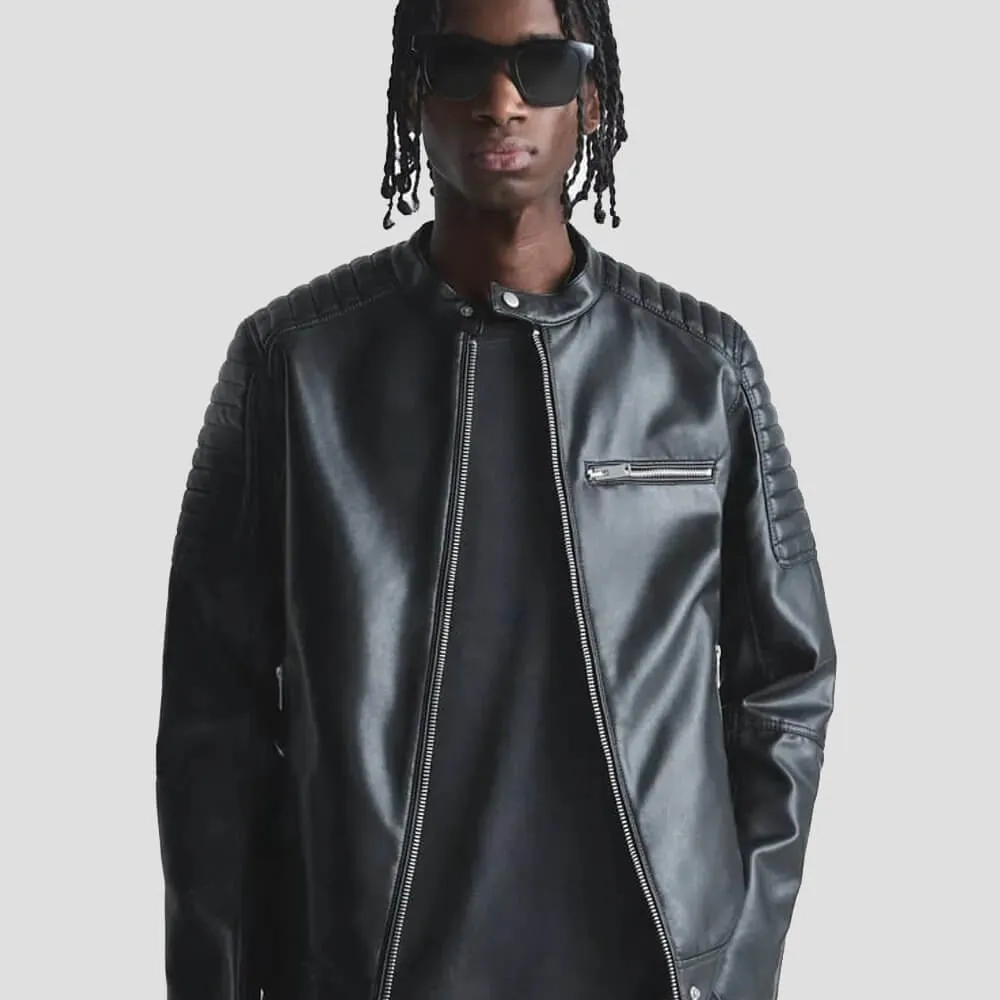 Black Leather Biker Jacket For Men