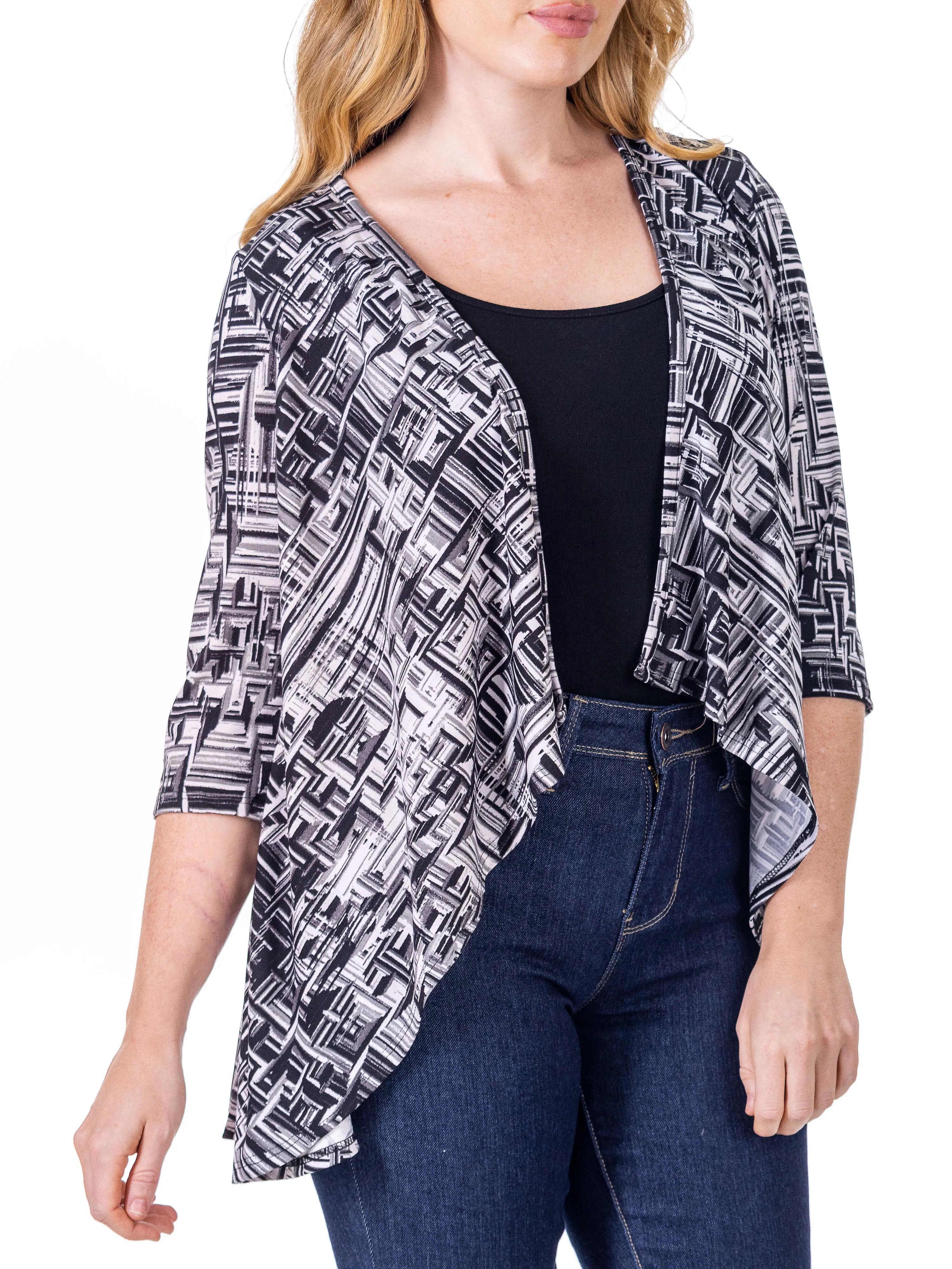 Black Print Elbow Length Sleeve Open Cardigan