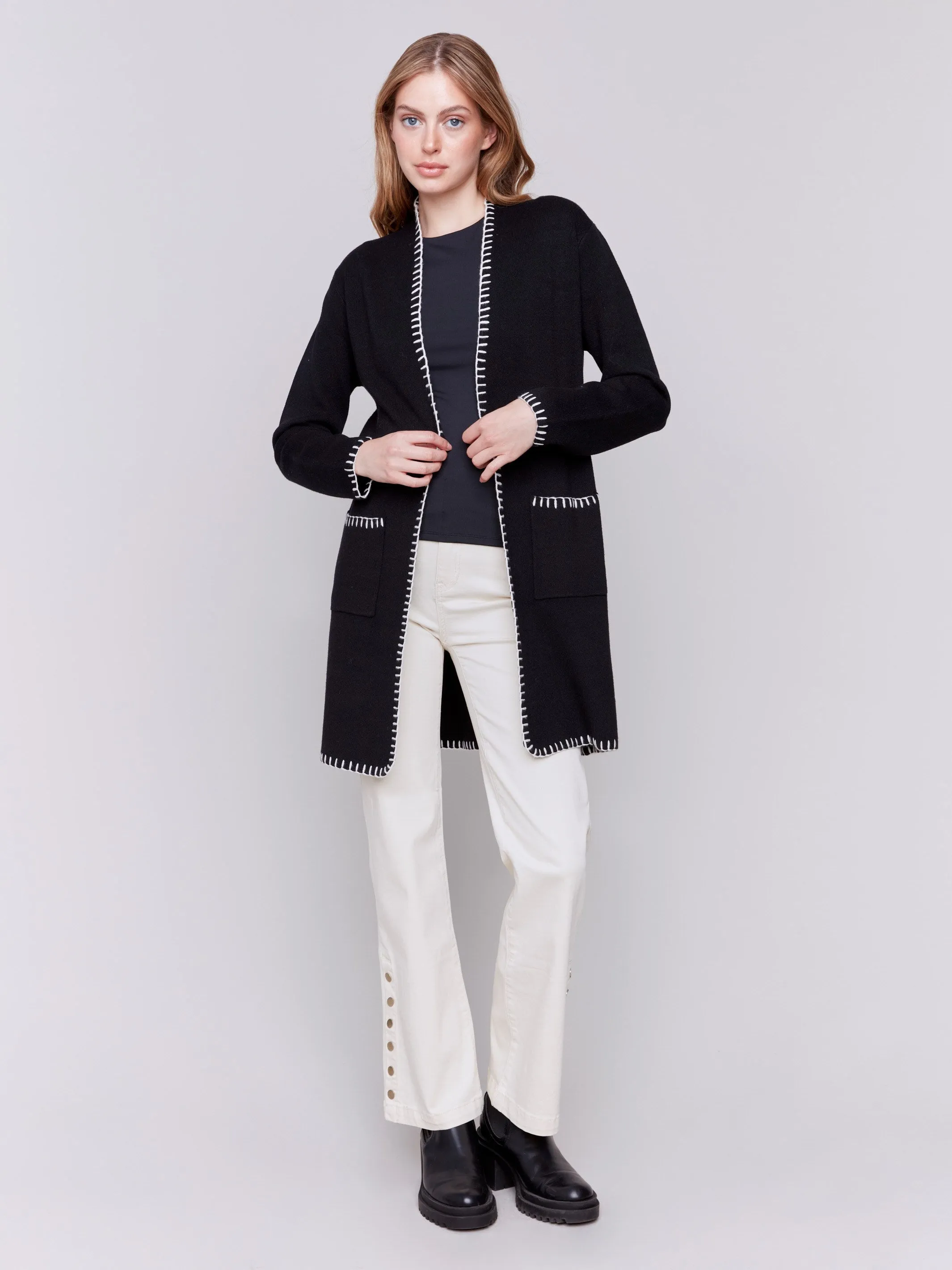 Blanket Stitch Long Cardigan - Black