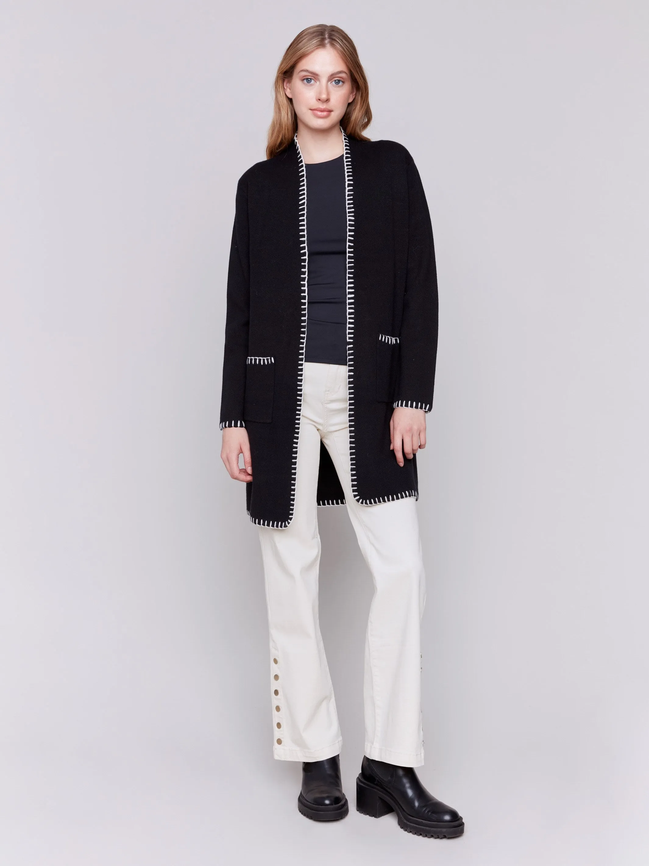 Blanket Stitch Long Cardigan - Black