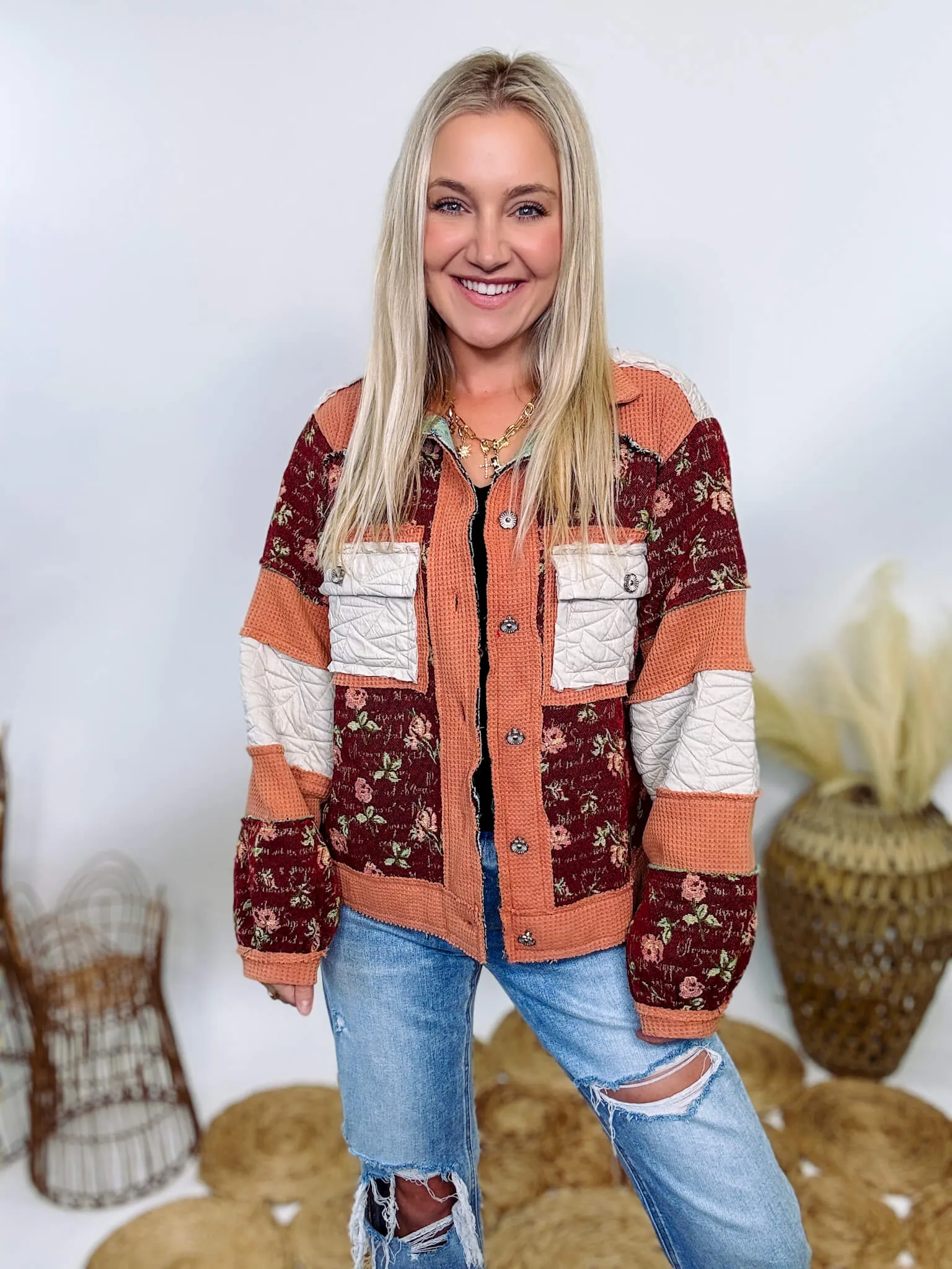 Boho Floral Jacket with Mixed Quilted Fabric by POL