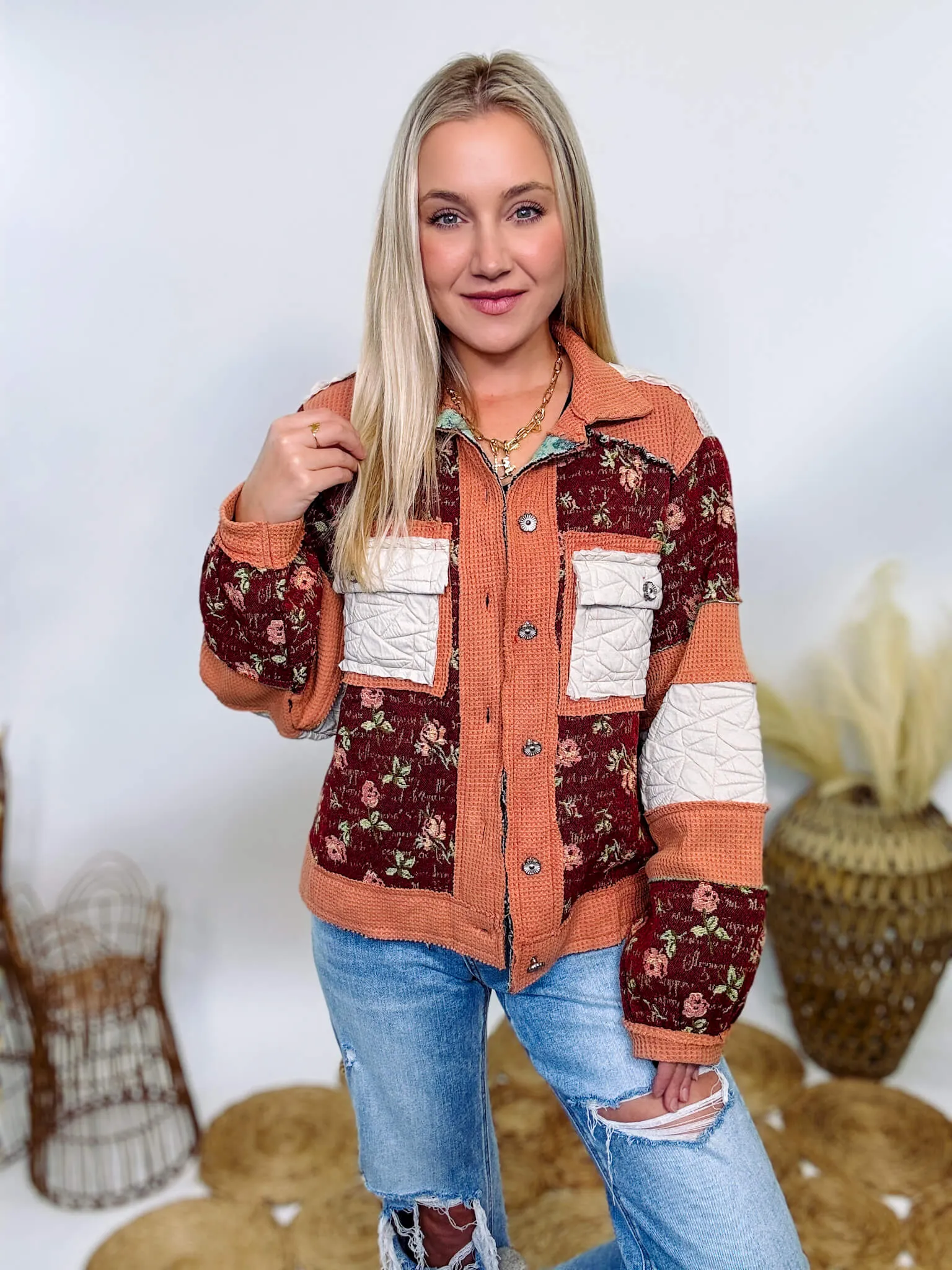 Boho Floral Jacket with Mixed Quilted Fabric by POL