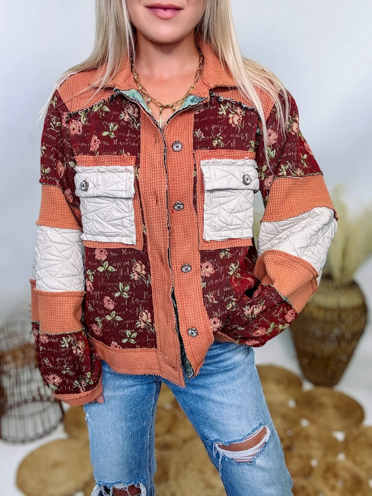 Boho Floral Jacket with Mixed Quilted Fabric by POL