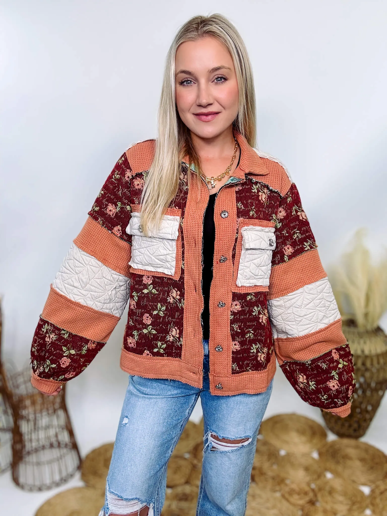 Boho Floral Jacket with Mixed Quilted Fabric by POL