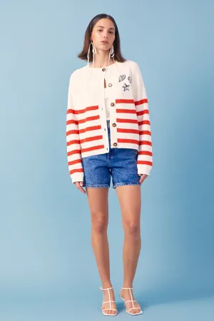 Breton Striped Cardigan with Shell Embroidery