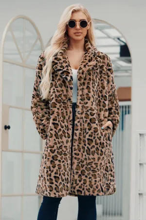 Brown Notched Lapel Leopard Printed Long Women Faux Fur Coat