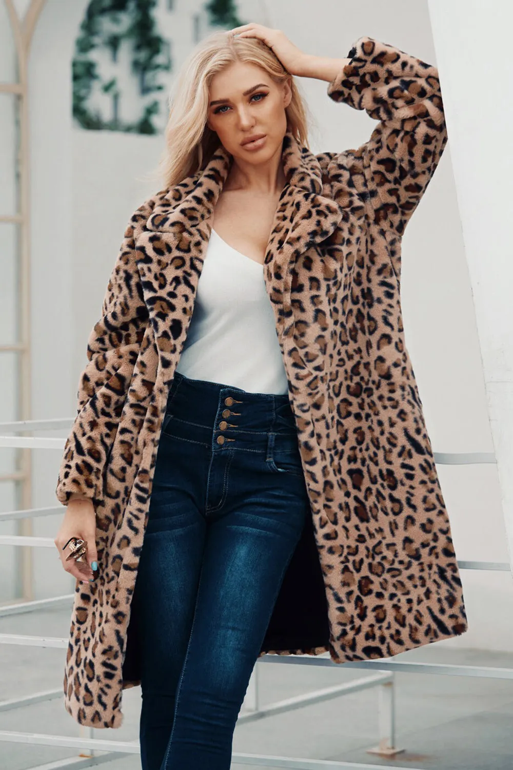 Brown Notched Lapel Leopard Printed Long Women Faux Fur Coat