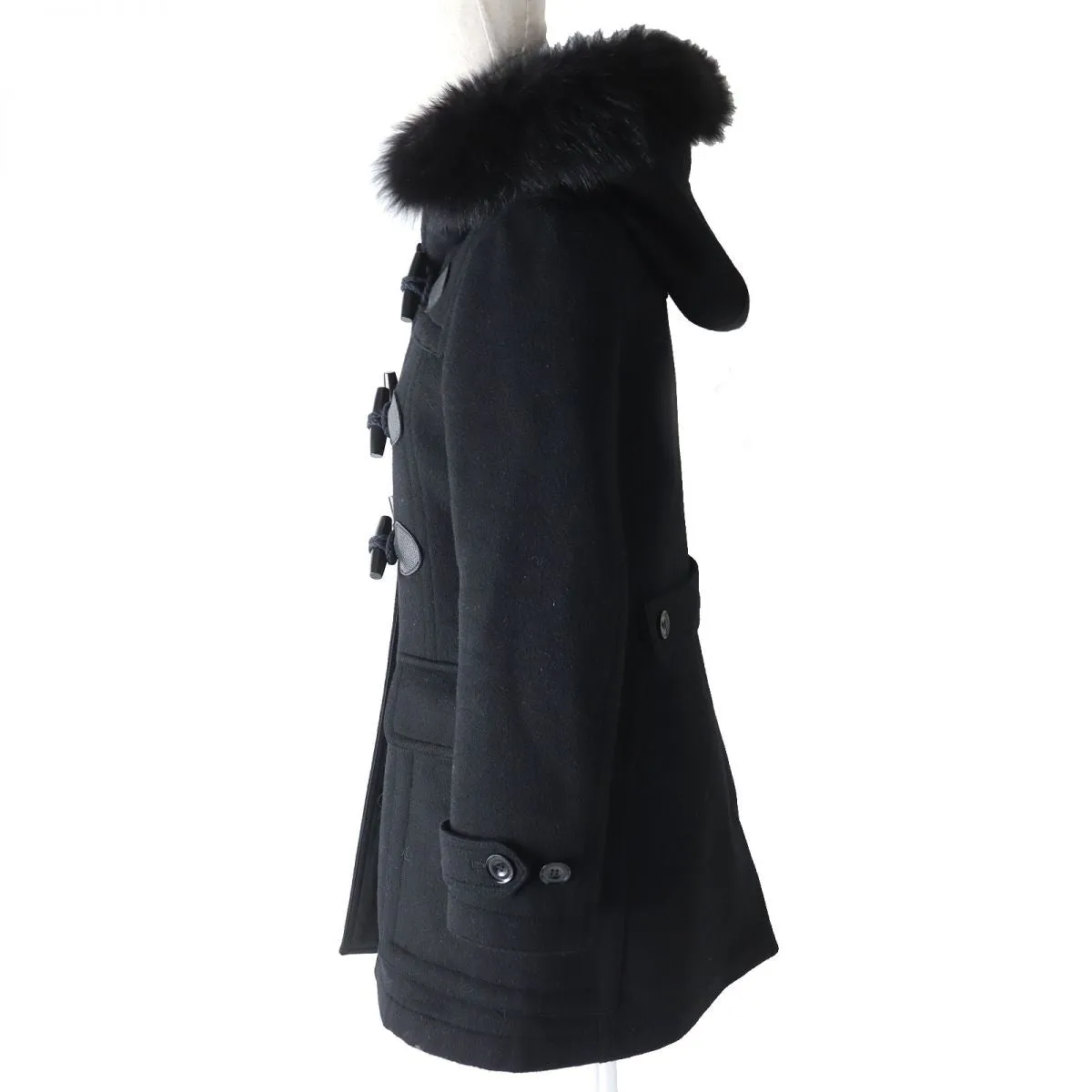 Burberry Wool Duffle Coat Fox Fur Black 38