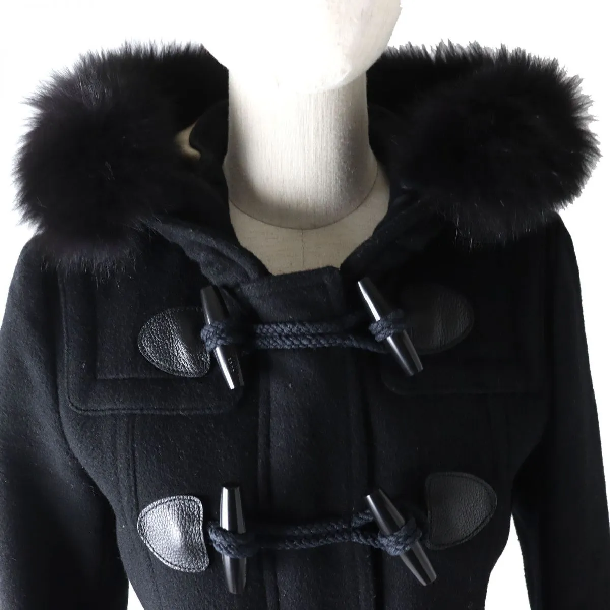 Burberry Wool Duffle Coat Fox Fur Black 38