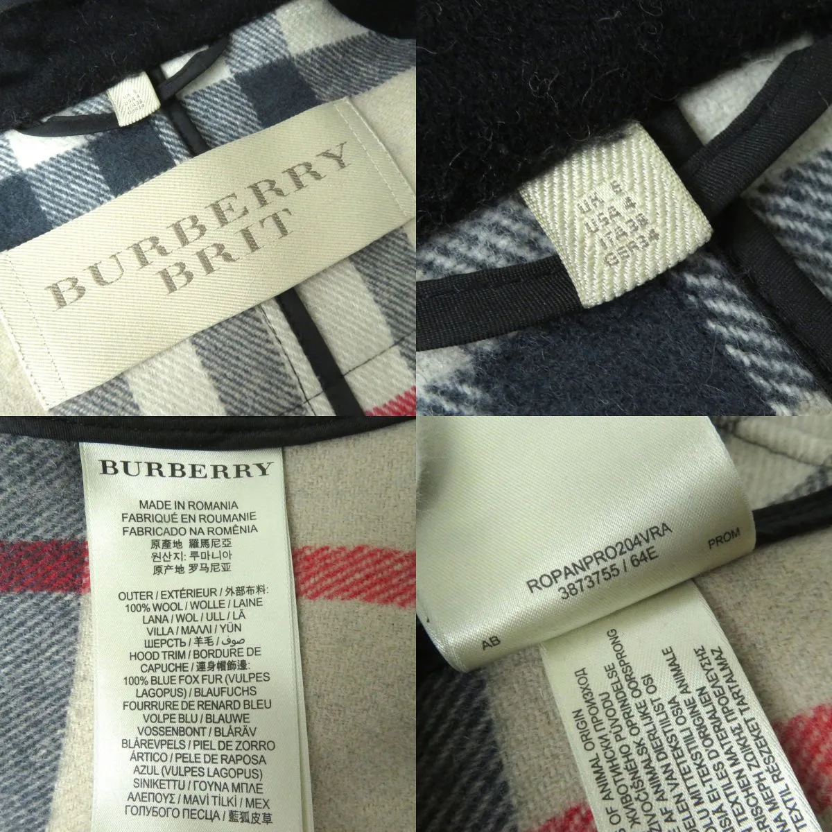 Burberry Wool Duffle Coat Fox Fur Black 38