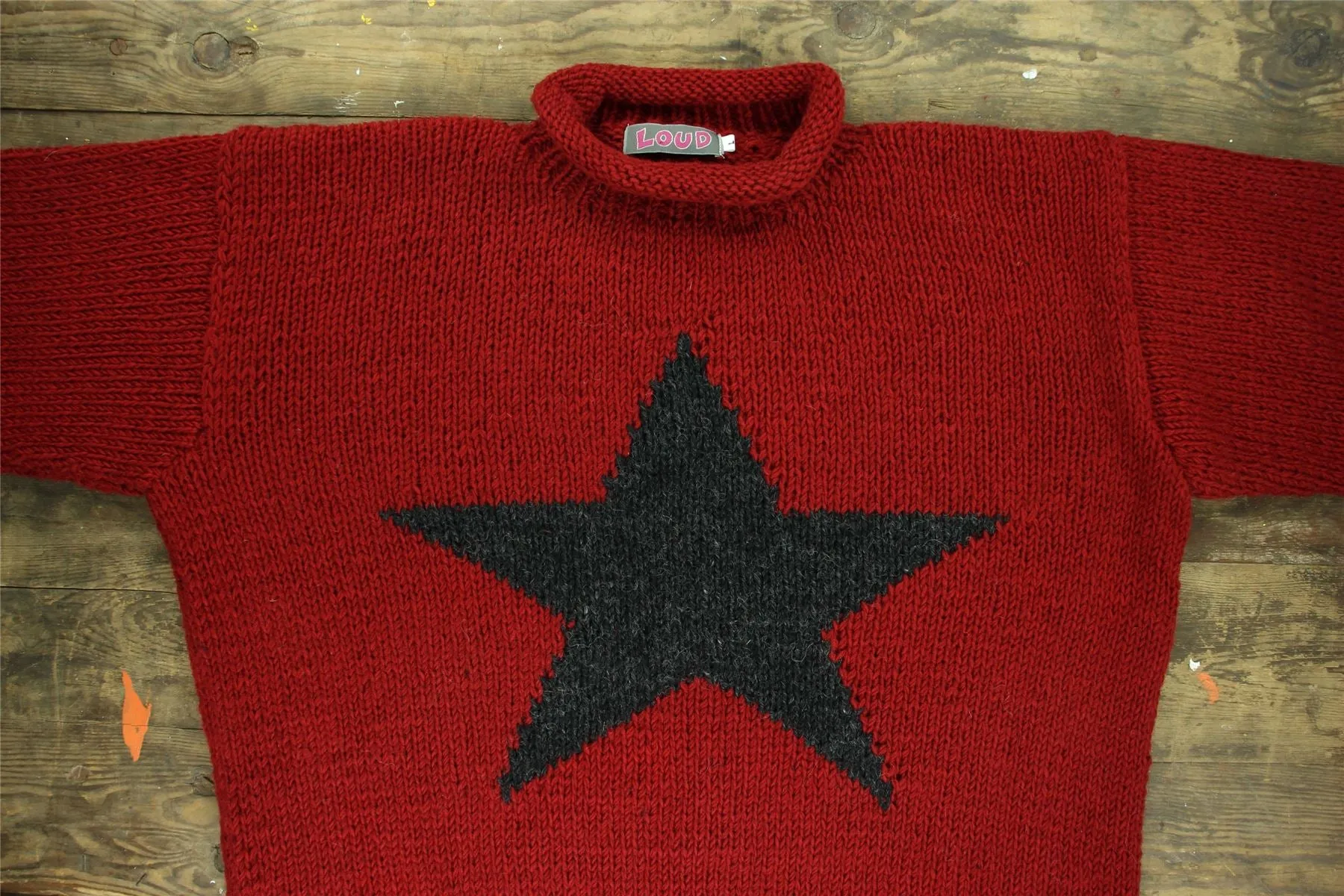 Chunky Wool Knit Star Jumper - Red & Charcoal