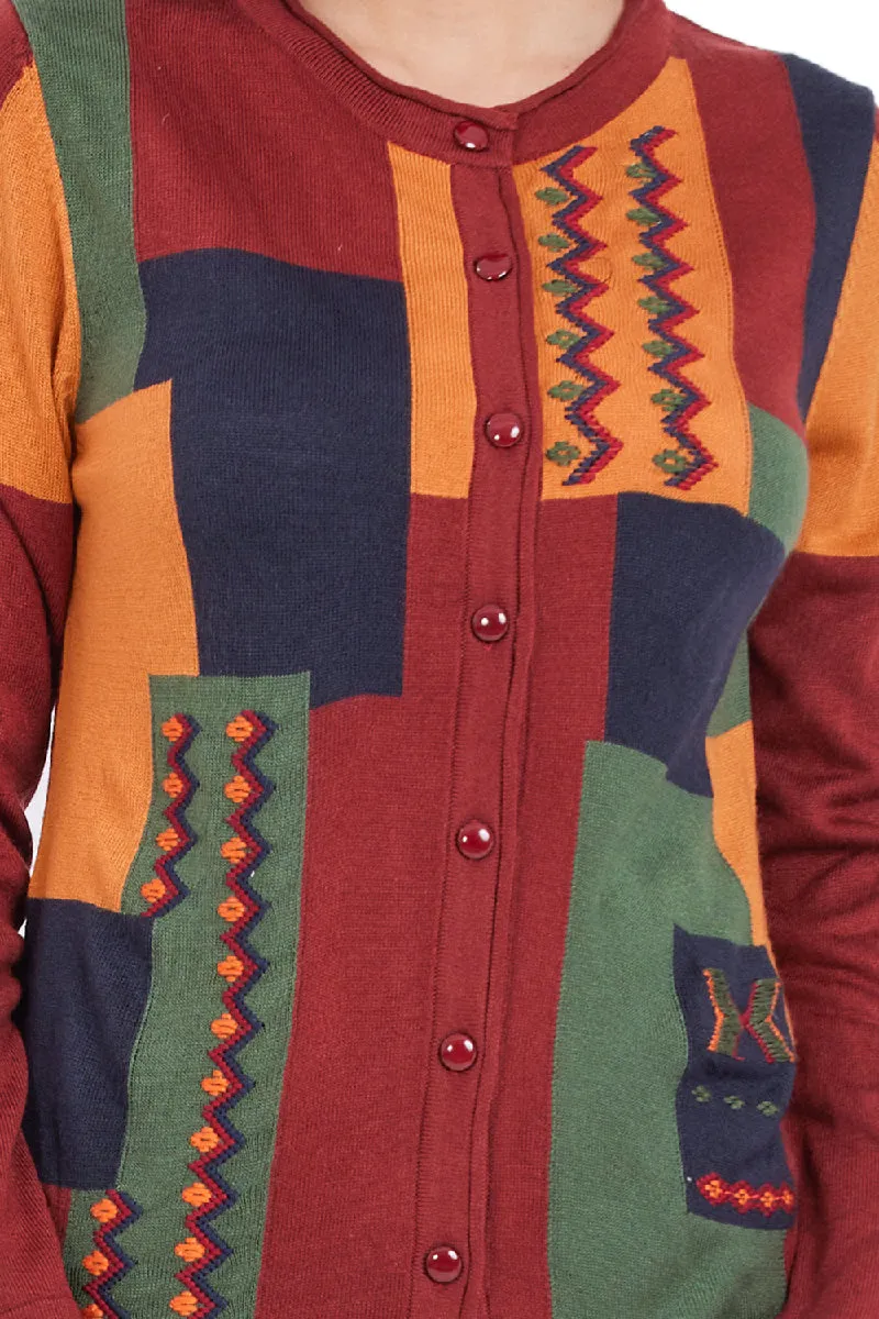 Color Blocked Antique Embroidered Cardigan