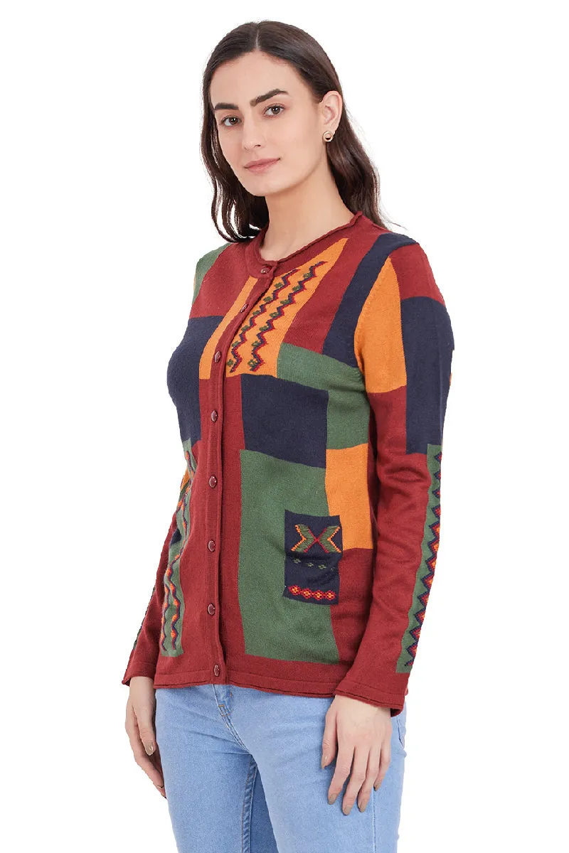 Color Blocked Antique Embroidered Cardigan