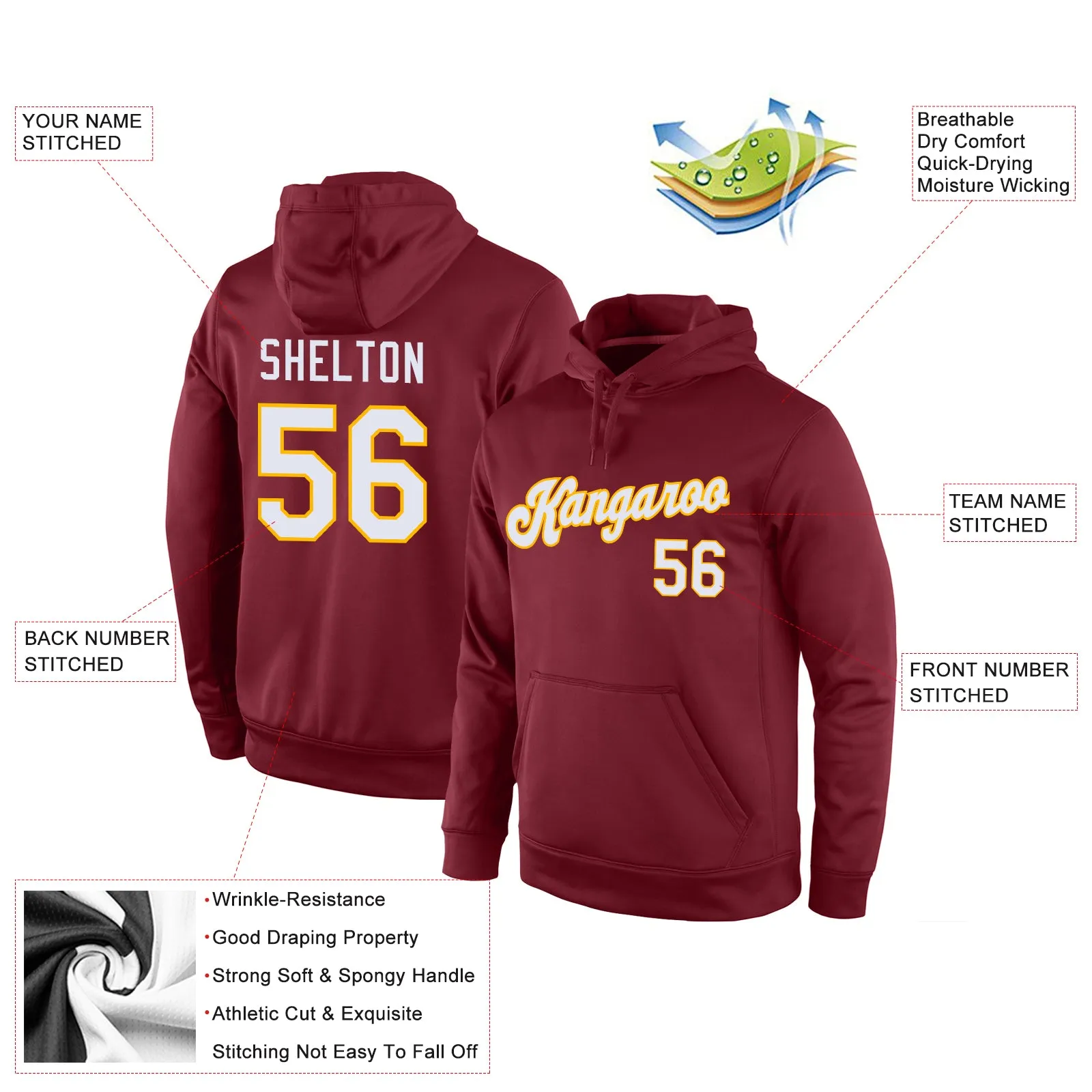 Custom Stitched Burgundy White-Gold Sports Pullover Sweatshirt Hoodie