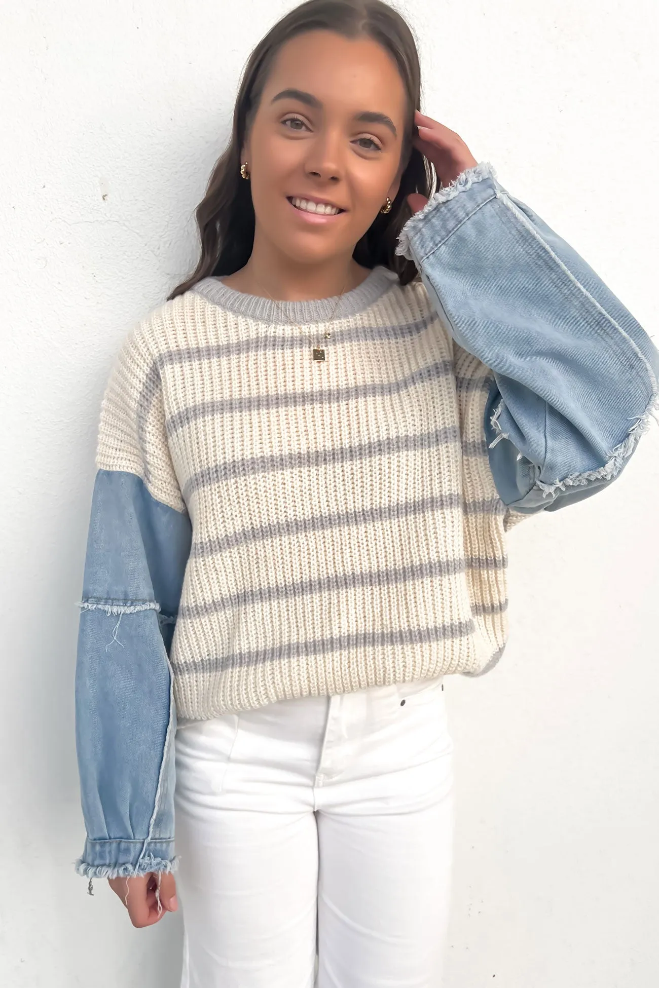 Ethan Knit Jumper Cream Grey Stripe