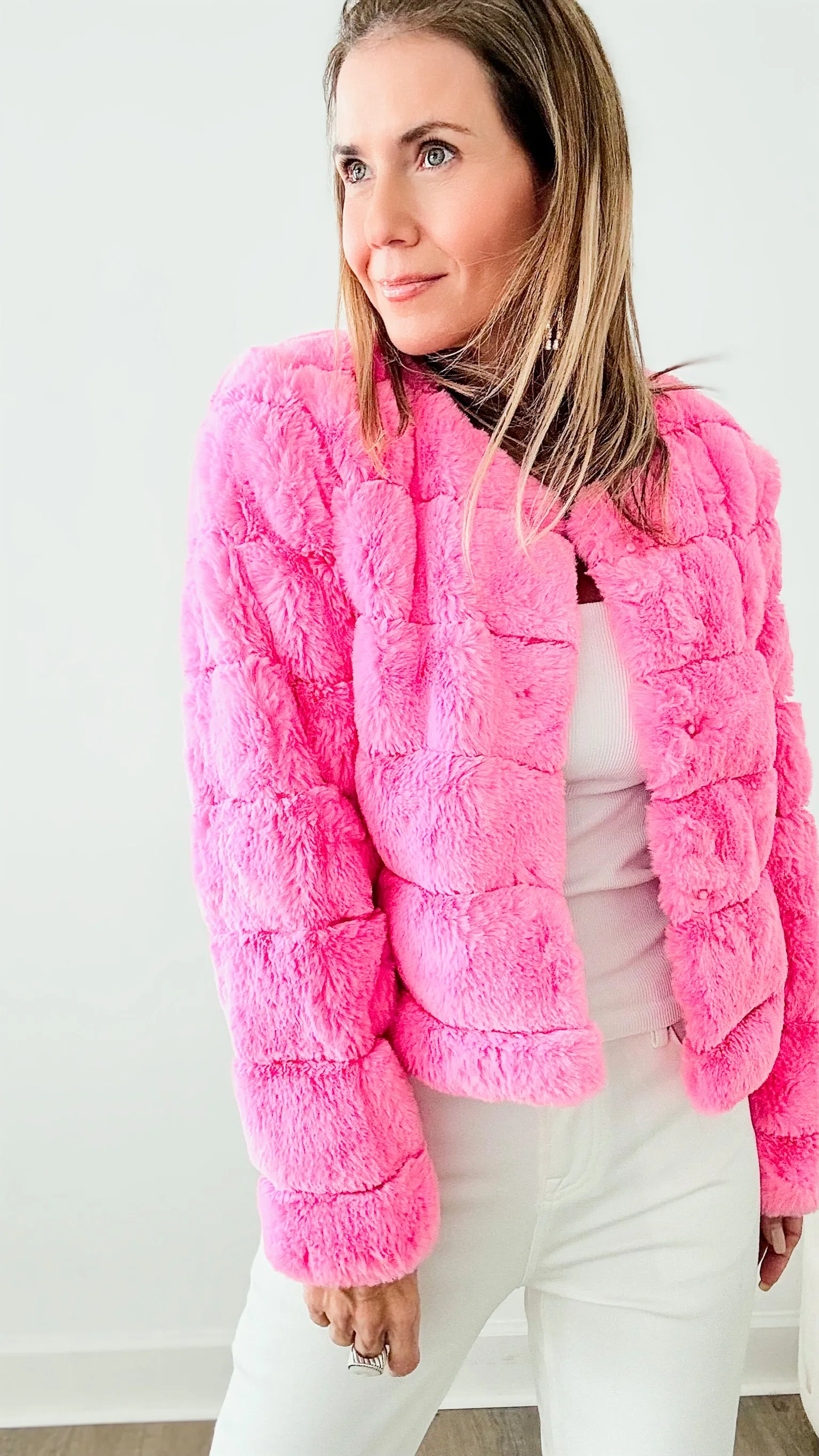 Faux Fur Buttoned Quilted Jacket - Barbie Pink