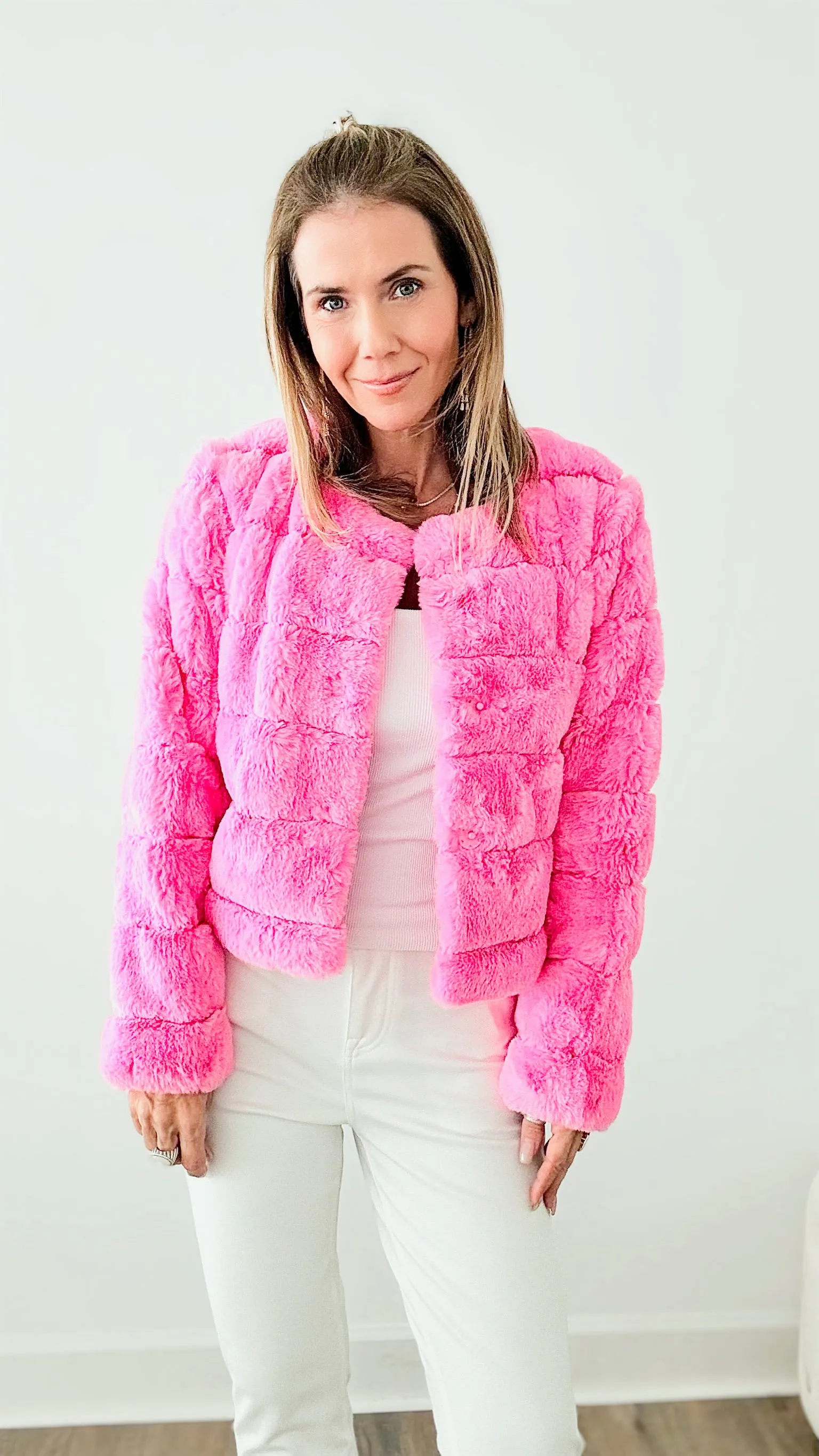 Faux Fur Buttoned Quilted Jacket - Barbie Pink