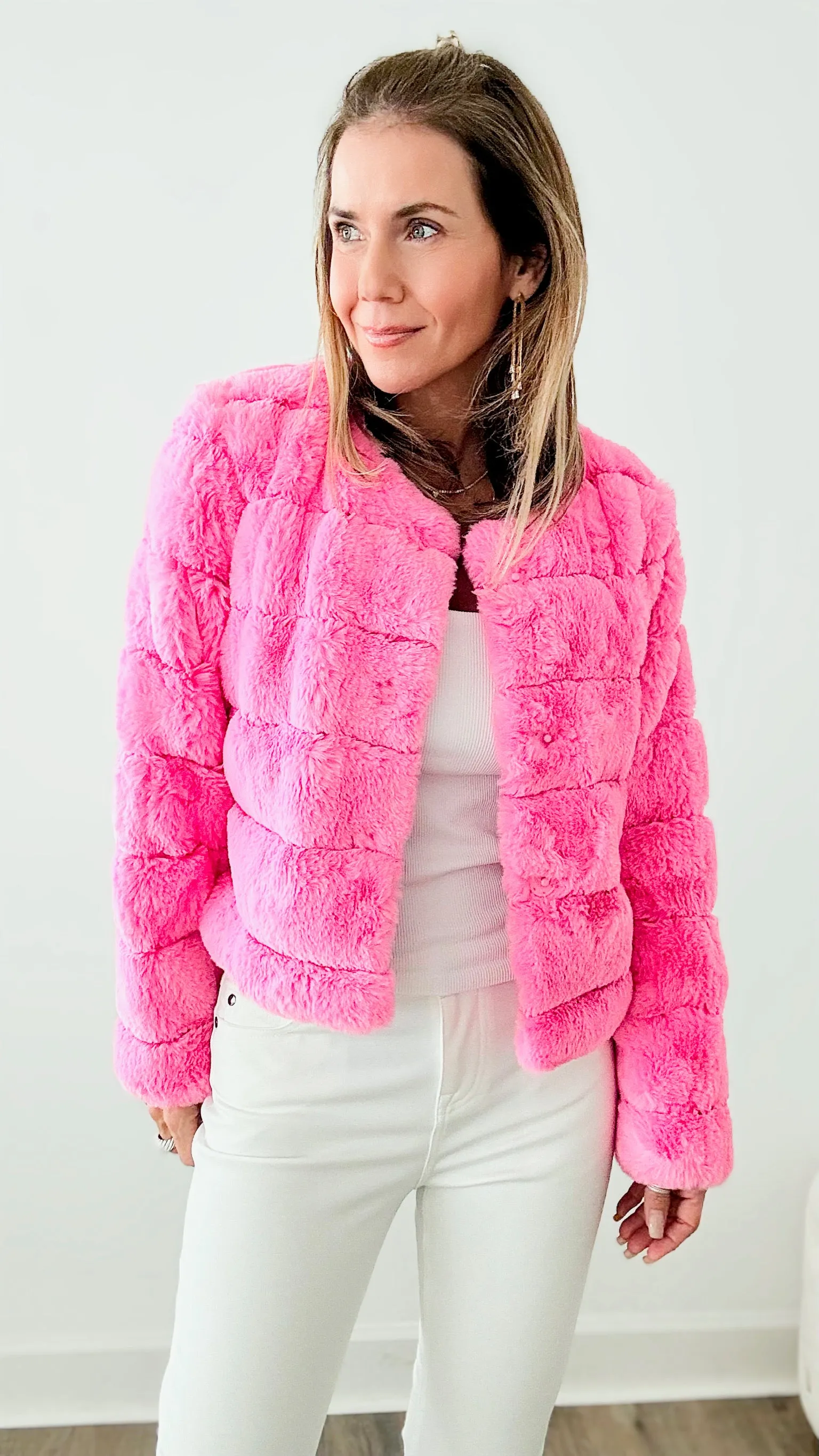 Faux Fur Buttoned Quilted Jacket - Barbie Pink