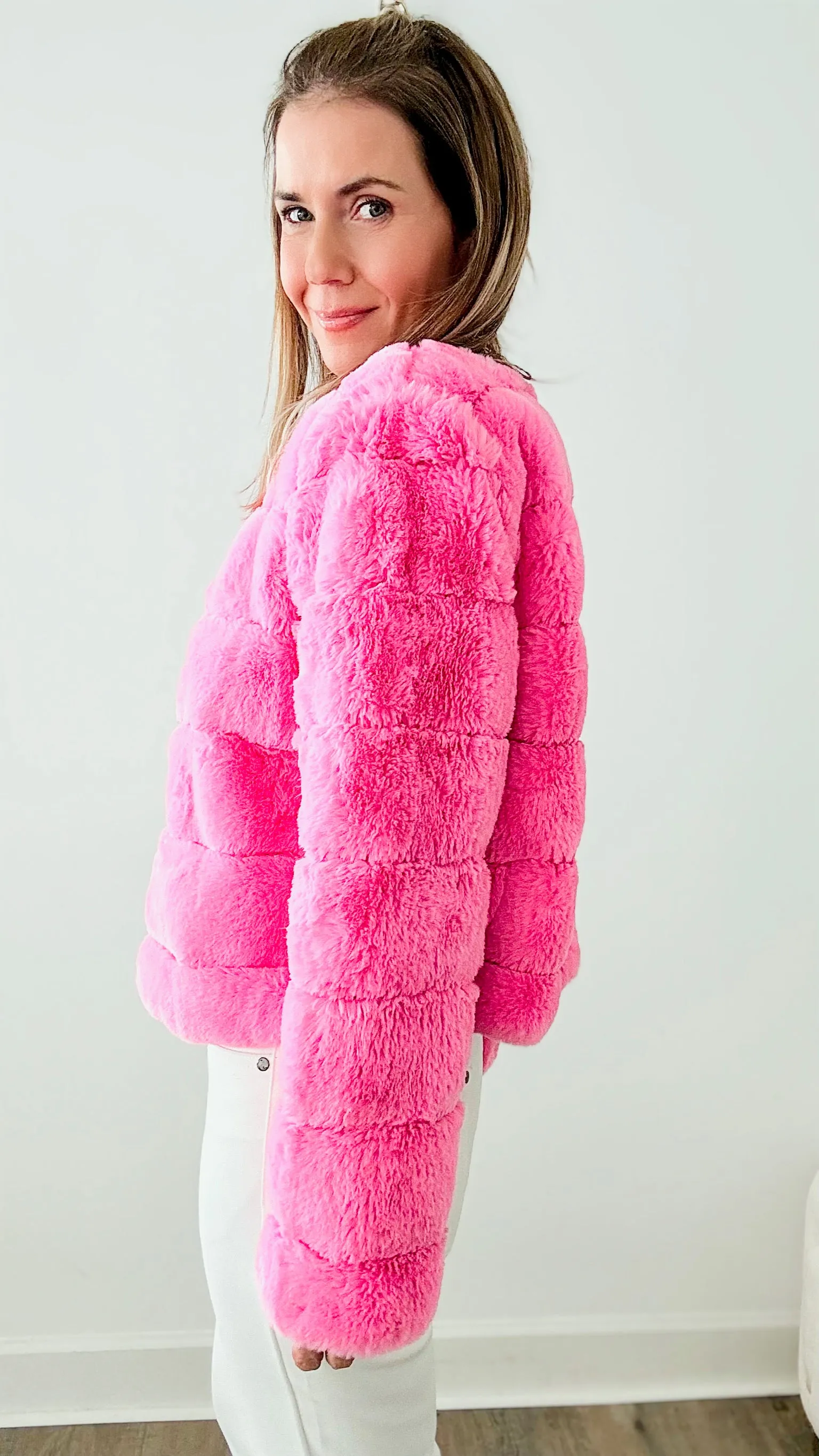 Faux Fur Buttoned Quilted Jacket - Barbie Pink