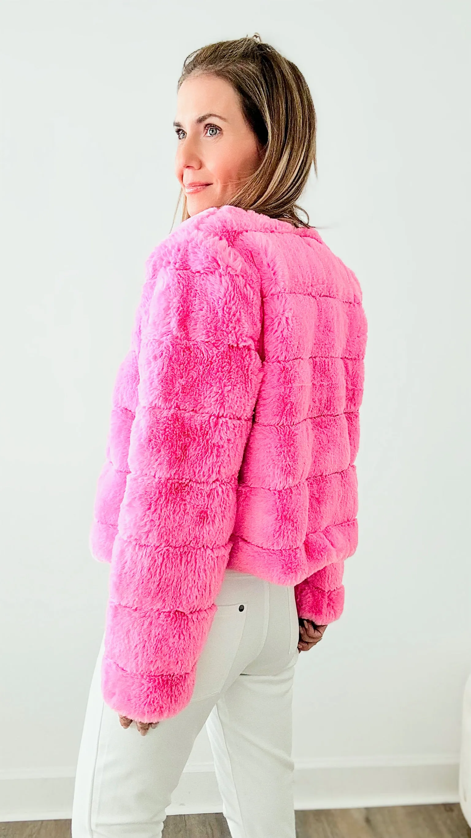 Faux Fur Buttoned Quilted Jacket - Barbie Pink