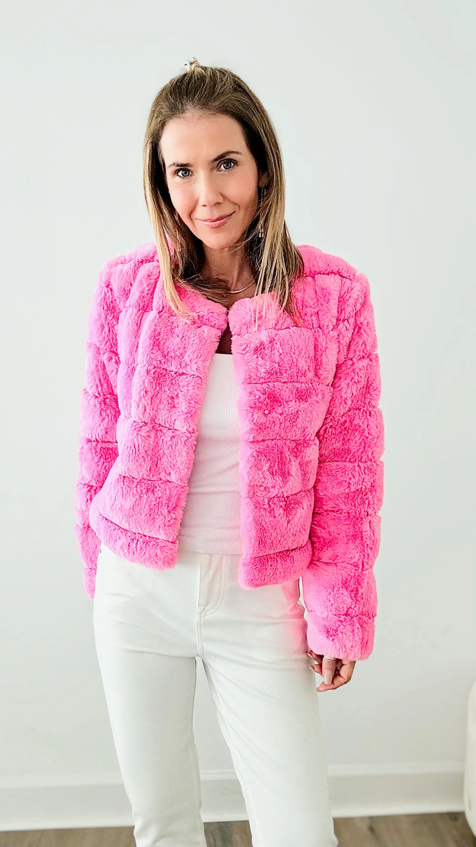 Faux Fur Buttoned Quilted Jacket - Barbie Pink