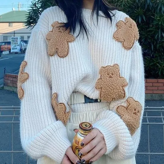 Fluffy Teddy Bear Patchwork Ribbed Knitted Sweater Kawaii Pullover Jumper Women's Jumper Korean Japanese Cute Sweet Loose