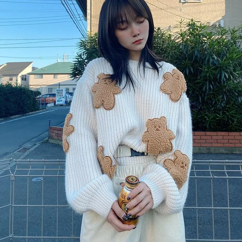 Fluffy Teddy Bear Patchwork Ribbed Knitted Sweater Kawaii Pullover Jumper Women's Jumper Korean Japanese Cute Sweet Loose