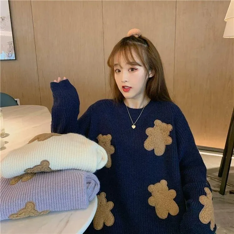 Fluffy Teddy Bear Patchwork Ribbed Knitted Sweater Kawaii Pullover Jumper Women's Jumper Korean Japanese Cute Sweet Loose