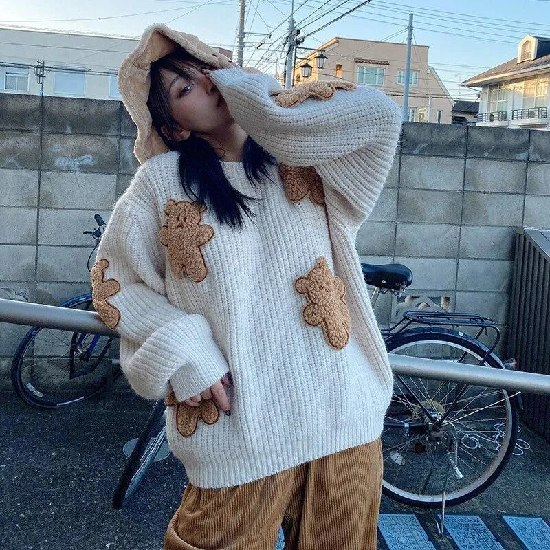 Fluffy Teddy Bear Patchwork Ribbed Knitted Sweater Kawaii Pullover Jumper Women's Jumper Korean Japanese Cute Sweet Loose