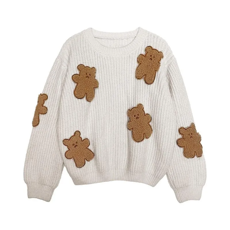 Fluffy Teddy Bear Patchwork Ribbed Knitted Sweater Kawaii Pullover Jumper Women's Jumper Korean Japanese Cute Sweet Loose