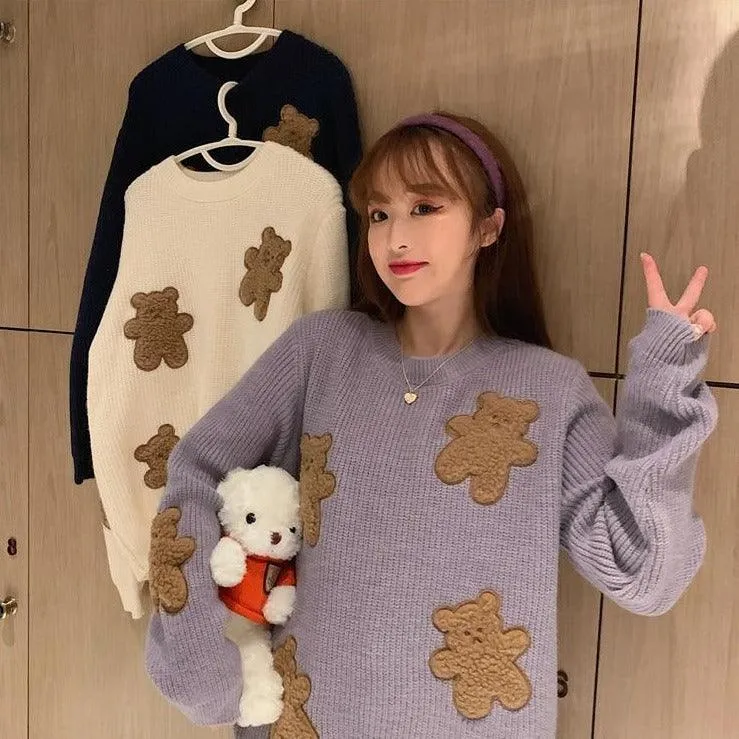 Fluffy Teddy Bear Patchwork Ribbed Knitted Sweater Kawaii Pullover Jumper Women's Jumper Korean Japanese Cute Sweet Loose