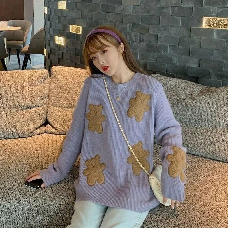 Fluffy Teddy Bear Patchwork Ribbed Knitted Sweater Kawaii Pullover Jumper Women's Jumper Korean Japanese Cute Sweet Loose