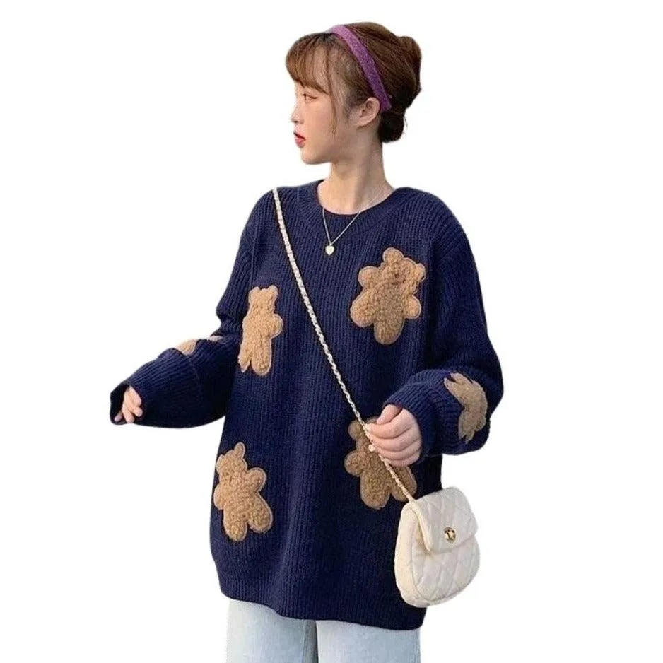 Fluffy Teddy Bear Patchwork Ribbed Knitted Sweater Kawaii Pullover Jumper Women's Jumper Korean Japanese Cute Sweet Loose