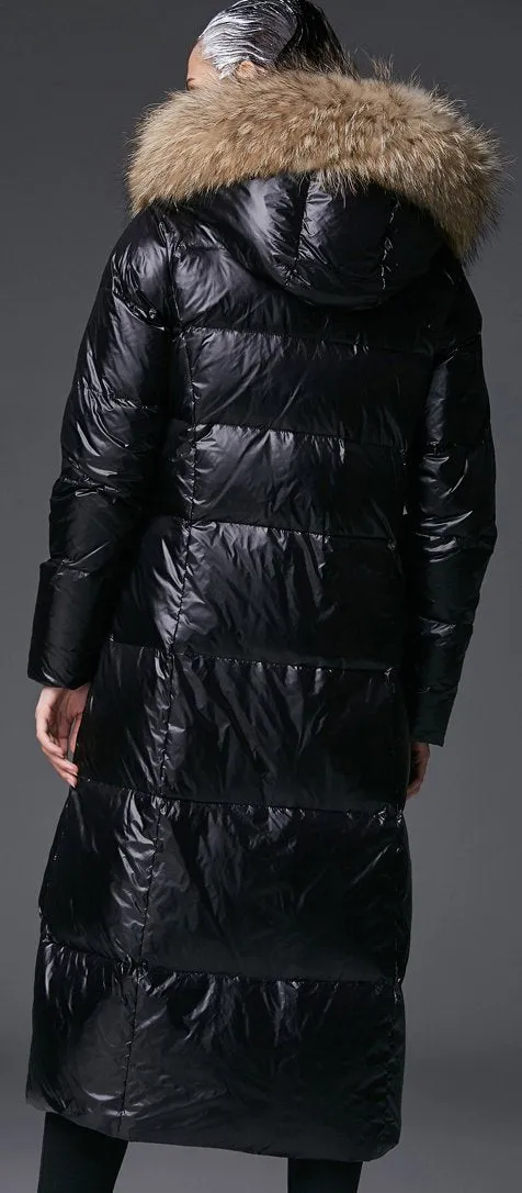 Fur-Hooded Long Puffer Coat, Black or Grey