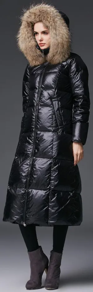 Fur-Hooded Long Puffer Coat, Black or Grey